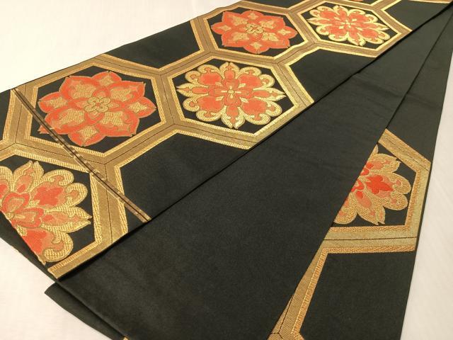 平和屋着物●西陣 川島織物 六通柄 本袋帯 亀甲花文 黒地 金糸 正絹 逸品 CABM3058vp