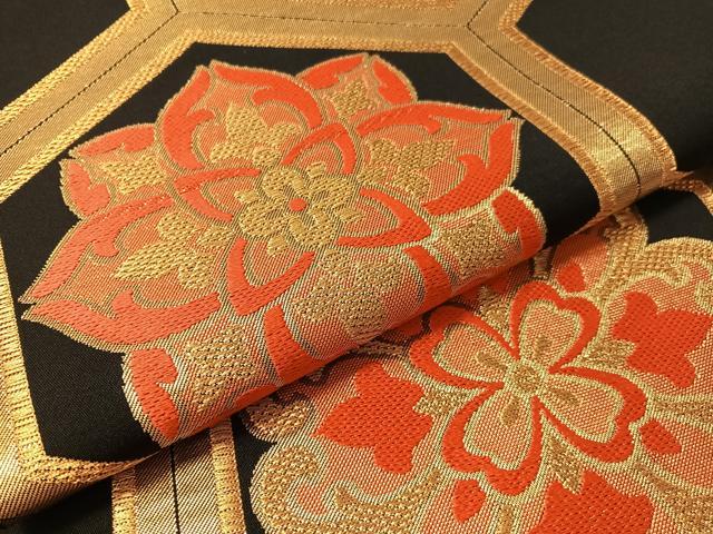 平和屋着物●西陣 川島織物 六通柄 本袋帯 亀甲花文 黒地 金糸 正絹 逸品 CABM3058vp