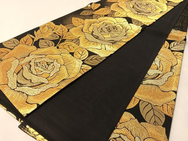 平和屋着物●六通柄袋帯 バラ 黒地 金糸 正絹 逸品 CABM3064vp