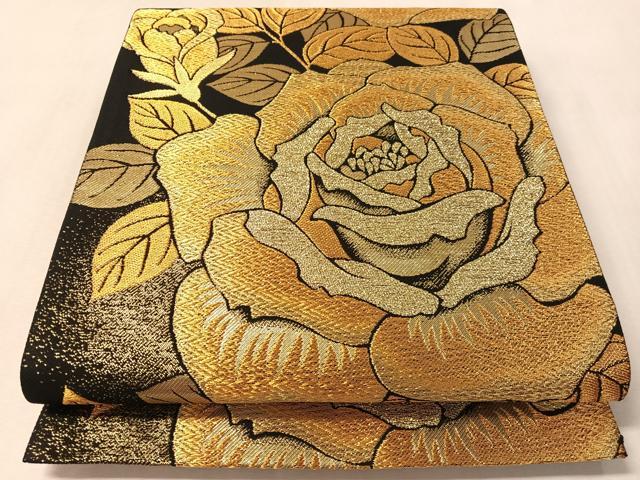 平和屋着物●六通柄袋帯 バラ 黒地 金糸 正絹 逸品 CABM3064vp
