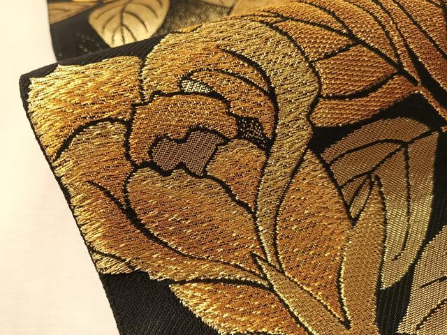 平和屋着物●六通柄袋帯 バラ 黒地 金糸 正絹 逸品 CABM3064vp