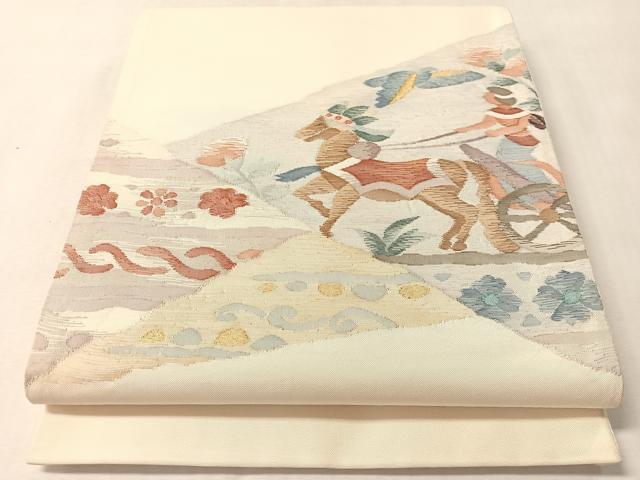 平和屋着物●太鼓柄袋帯 すくい織 切嵌人物文 金糸 正絹 逸品 CABM3075vp