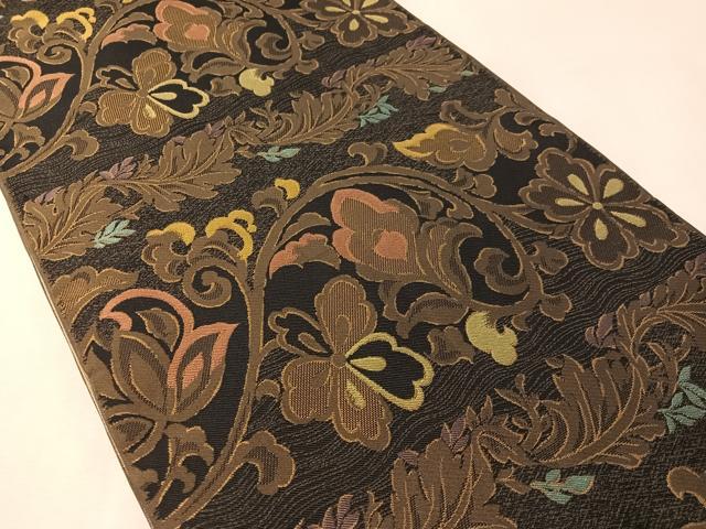 平和屋着物●両面 全通柄 本袋帯 花唐草文 黒地 正絹 逸品 CABM3087vp