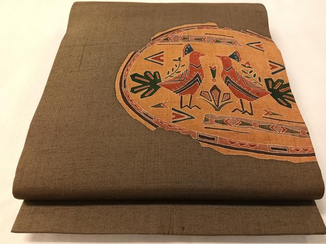 平和屋着物●太鼓柄袋帯 紬地 双鳥花文 正絹 逸品 CABM3088vp