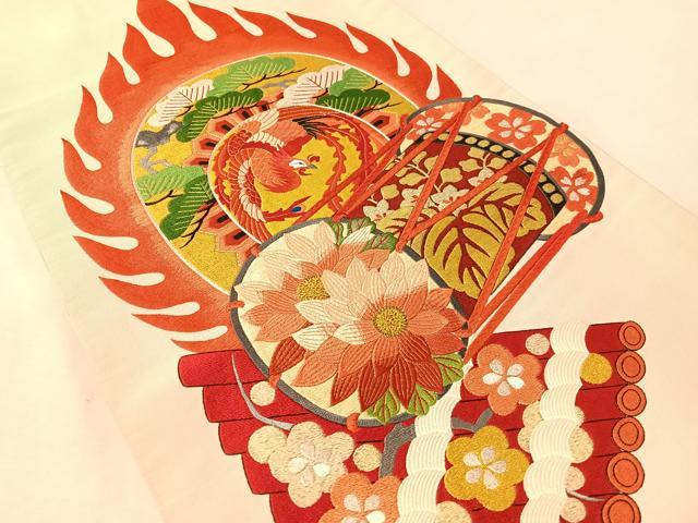 平和屋着物●爪掻き本綴れ 丸帯 総刺繍 駒刺繍 花鼓鳳凰文 金銀糸 正絹 逸品 CABM3105vp
