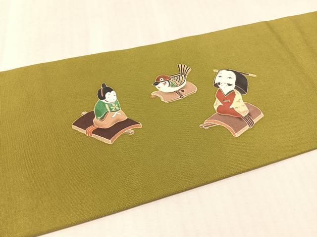 平和屋着物●九寸名古屋帯 作家物 手描き 恵比寿 海松色 金彩 正絹 逸品 CABM3123vp