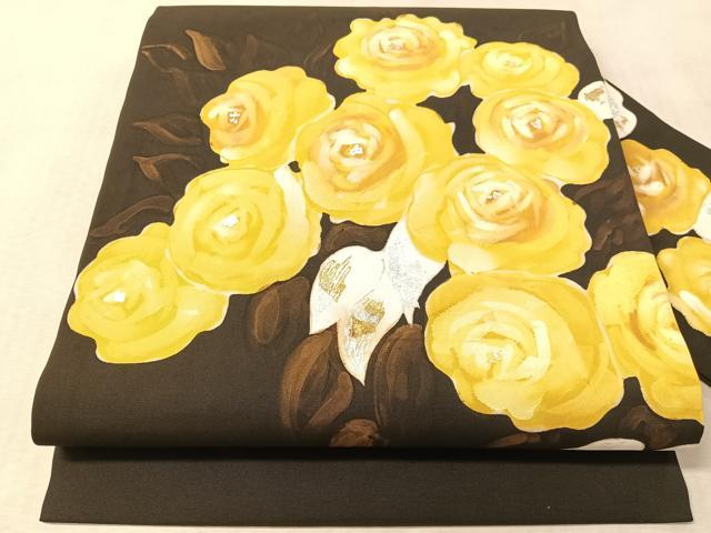 平和屋着物●塩瀬 九寸名古屋帯 ろうけつ染 バラ 黒地 金銀彩 正絹 逸品 CABM3126vp