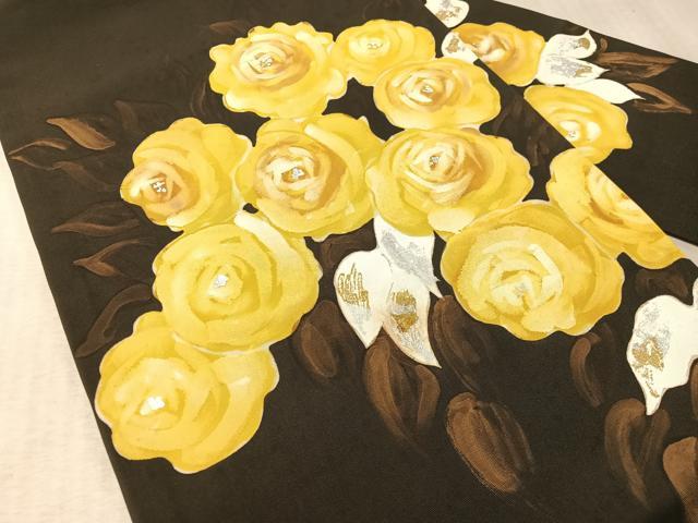 平和屋着物●塩瀬 九寸名古屋帯 ろうけつ染 バラ 黒地 金銀彩 正絹 逸品 CABM3126vp