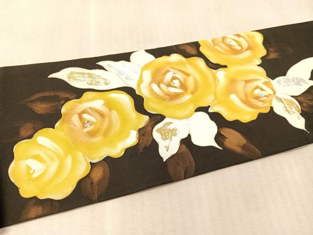 平和屋着物●塩瀬 九寸名古屋帯 ろうけつ染 バラ 黒地 金銀彩 正絹 逸品 CABM3126vp