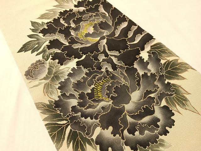 平和屋着物●九寸開き名古屋帯 牡丹 金彩 鬼しぼ縮緬 正絹 逸品 CABM3127vp