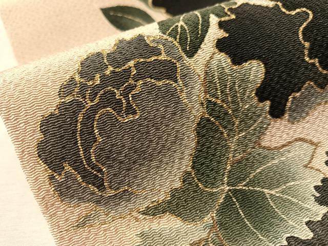 平和屋着物●九寸開き名古屋帯 牡丹 金彩 鬼しぼ縮緬 正絹 逸品 CABM3127vp