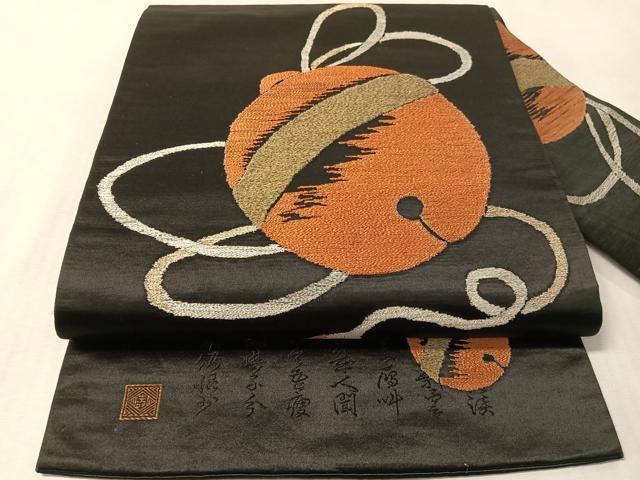 平和屋着物●アンティーク 大正ロマン 九寸名古屋帯 総刺繍 鈴 黒地 金糸 正絹 逸品 CABM3139vp