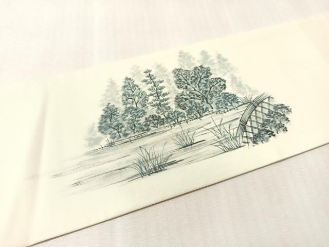 平和屋着物●塩瀬 九寸八寸名古屋帯 手描き 風景文 正絹 逸品 CABM3142vp