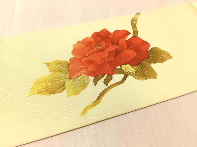 平和屋着物●塩瀬 九寸名古屋帯 ろうけつ染め バラ 金彩 正絹 逸品 CABM3162vp