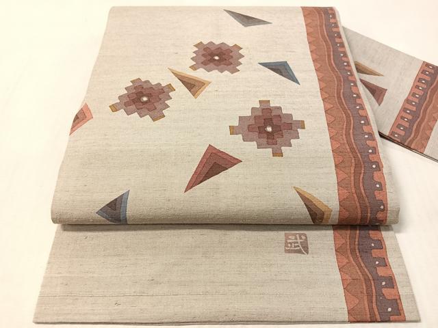 平和屋着物●九寸名古屋帯 作家物 紬地 ろうけつ染 幾何学文 正絹 逸品 CABM3171vp