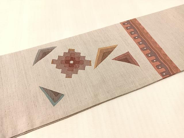 平和屋着物●九寸名古屋帯 作家物 紬地 ろうけつ染 幾何学文 正絹 逸品 CABM3171vp