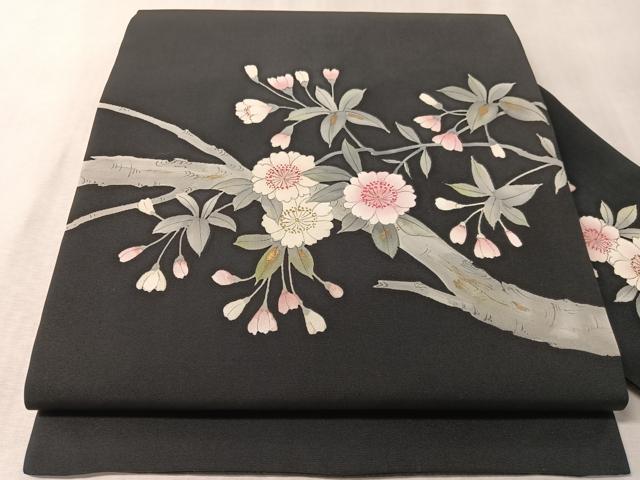平和屋着物●塩瀬 内山晴祥 手描き 九寸名古屋帯 枝桜 黒地 金彩 正絹 逸品 CABM3180vp