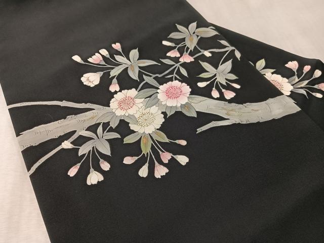 平和屋着物●塩瀬 内山晴祥 手描き 九寸名古屋帯 枝桜 黒地 金彩 正絹 逸品 CABM3180vp