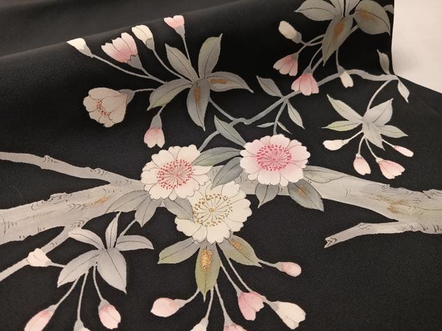 平和屋着物●塩瀬 内山晴祥 手描き 九寸名古屋帯 枝桜 黒地 金彩 正絹 逸品 CABM3180vp