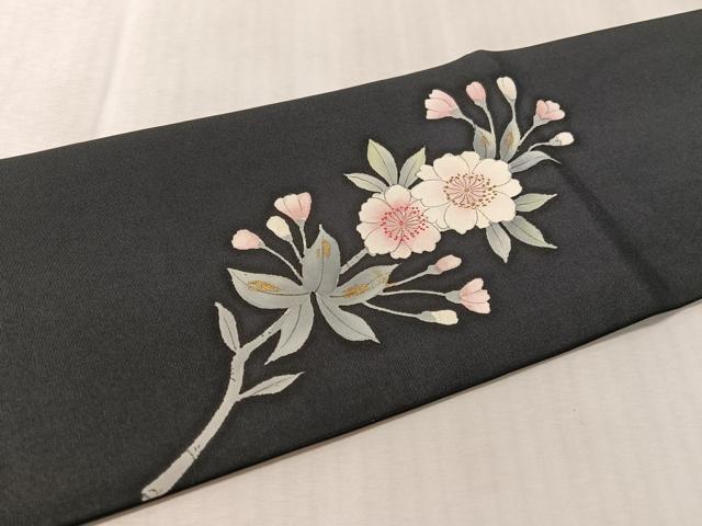 平和屋着物●塩瀬 内山晴祥 手描き 九寸名古屋帯 枝桜 黒地 金彩 正絹 逸品 CABM3180vp