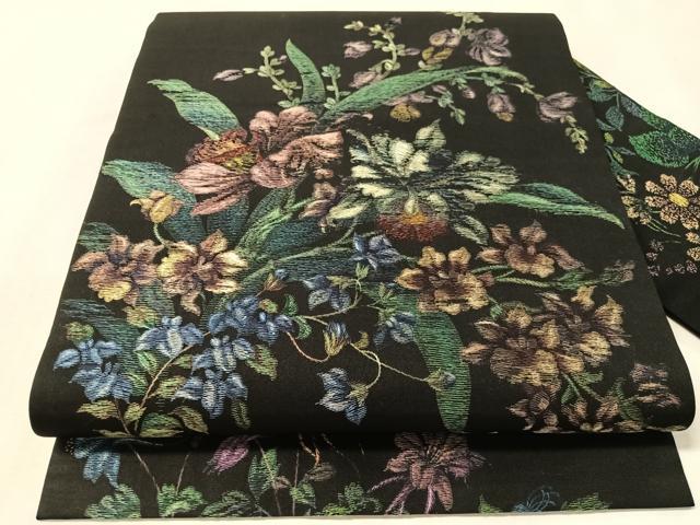 平和屋着物●九寸名古屋帯 総刺繍 草花文 黒地 金糸 正絹 逸品 CABM3187vp