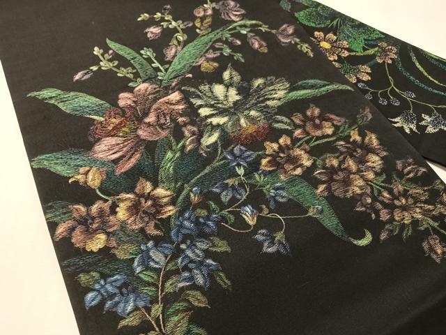 平和屋着物●九寸名古屋帯 総刺繍 草花文 黒地 金糸 正絹 逸品 CABM3187vp