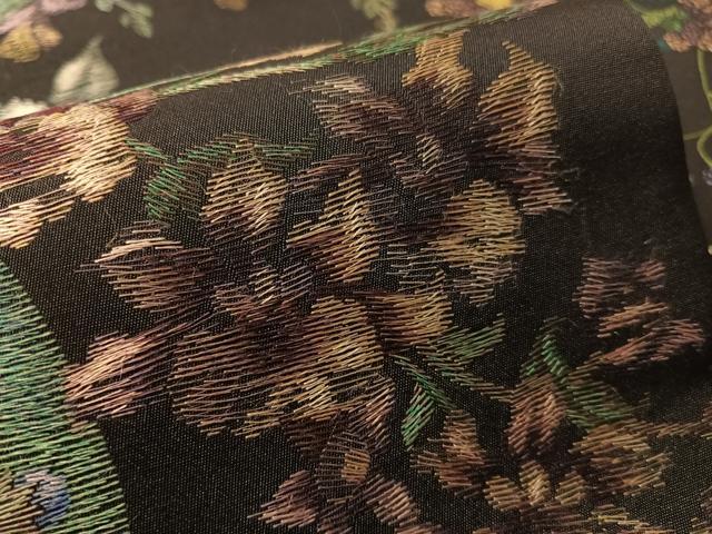 平和屋着物●九寸名古屋帯 総刺繍 草花文 黒地 金糸 正絹 逸品 CABM3187vp