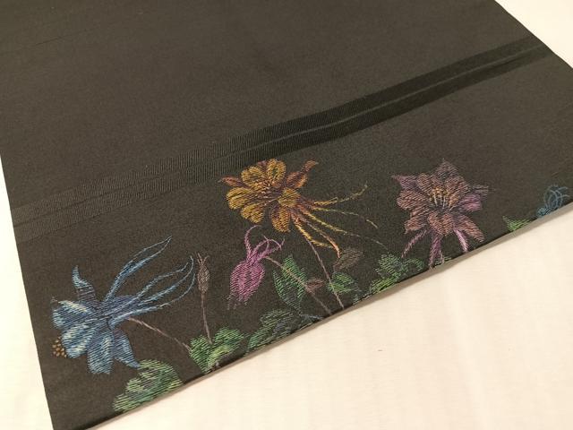 平和屋着物●九寸名古屋帯 総刺繍 草花文 黒地 金糸 正絹 逸品 CABM3187vp