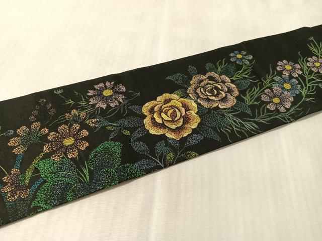 平和屋着物●九寸名古屋帯 総刺繍 草花文 黒地 金糸 正絹 逸品 CABM3187vp