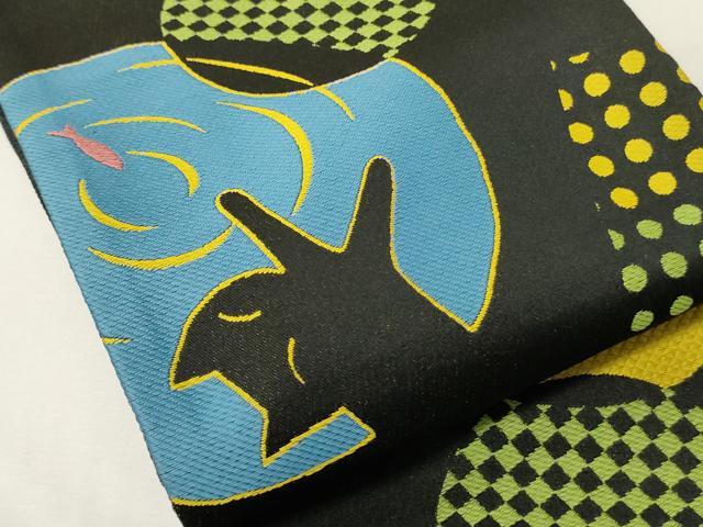 平和屋着物●半幅帯 小杉織物謹製 ねこ丸文/猫丸文 黒地 未使用 CABM3236ak