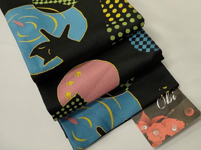 平和屋着物●半幅帯 小杉織物謹製 ねこ丸文/猫丸文 黒地 未使用 CABM3236ak
