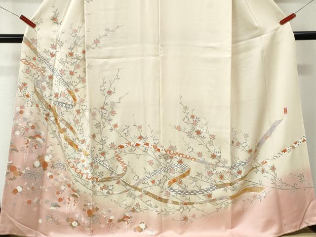 平和屋着物●十日町友禅作家 岡村蒼風 訪問着 駒刺繍 鬘帯籬草花文 暈し染め 金彩 正絹 逸品 CABM3602yc