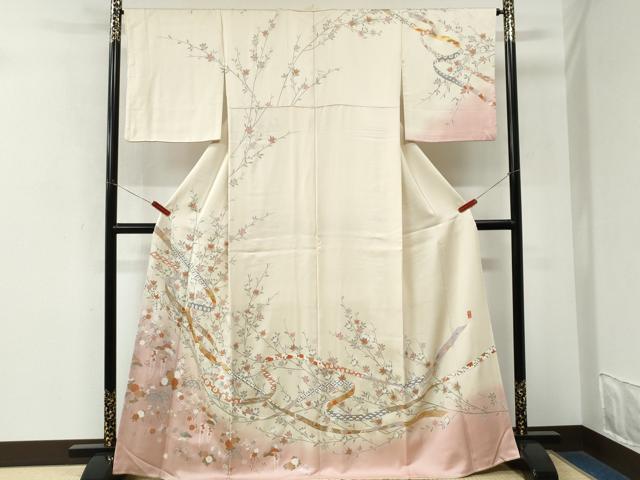 平和屋着物●十日町友禅作家 岡村蒼風 訪問着 駒刺繍 鬘帯籬草花文 暈し染め 金彩 正絹 逸品 CABM3602yc