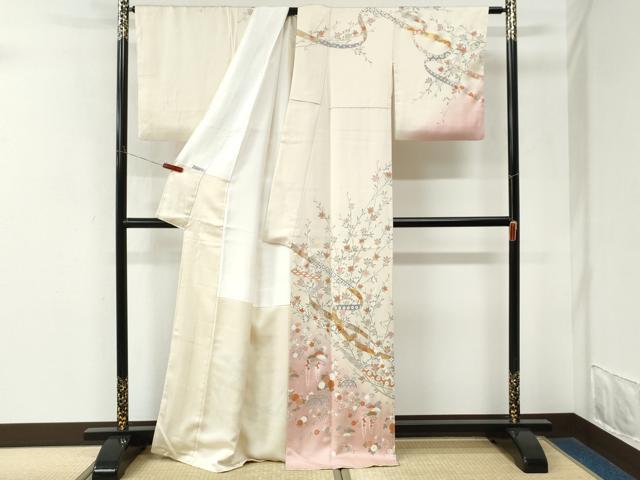 平和屋着物●十日町友禅作家 岡村蒼風 訪問着 駒刺繍 鬘帯籬草花文 暈し染め 金彩 正絹 逸品 CABM3602yc