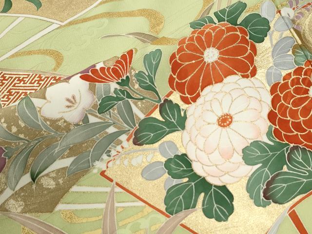 平和屋着物●豪華振袖 駒刺繍 流水扇面牡丹花文 金彩 正絹 逸品 CABM3641yc