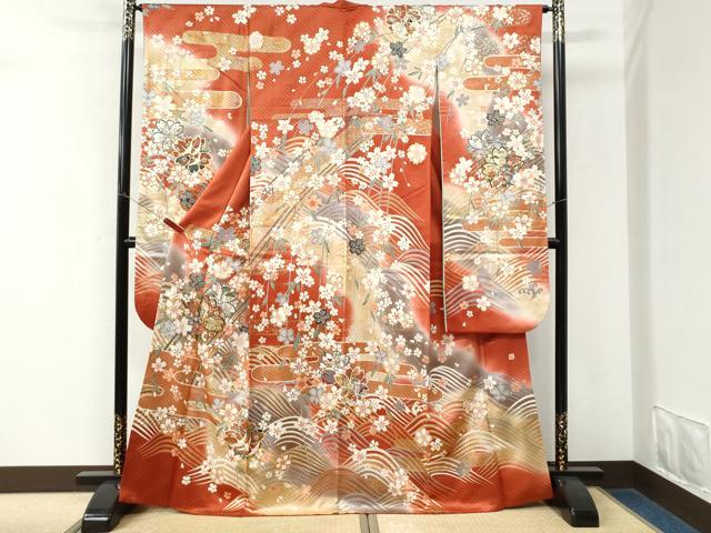 平和屋着物●谷崎潤一郎の世界 振袖 駒刺繍 立波舞桜御所車文 暈し染め 金彩 正絹 逸品 CABM3643yc