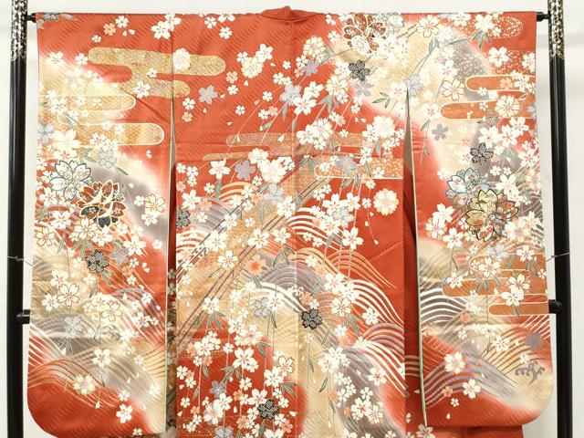 平和屋着物●谷崎潤一郎の世界 振袖 駒刺繍 立波舞桜御所車文 暈し染め 金彩 正絹 逸品 CABM3643yc