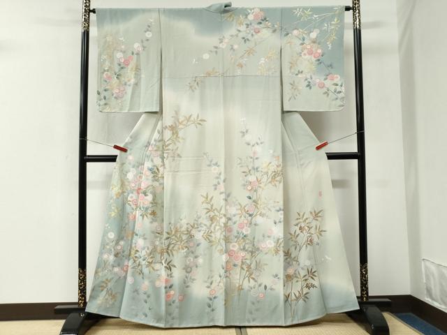 平和屋着物●十日町友禅作家 松雨 訪問着 葡萄枝菊文 暈し染め 金彩 正絹 逸品 未使用 CABM3680yc