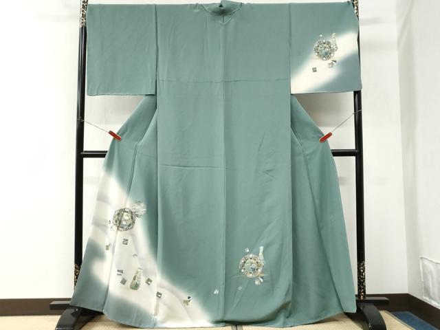 平和屋着物●螺鈿作家 藤本隆士 訪問着 陶器色紙飛鶴草花文 暈し染め 金彩 正絹 逸品 未使用 CABM3686yc