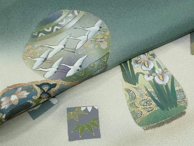 平和屋着物●螺鈿作家 藤本隆士 訪問着 陶器色紙飛鶴草花文 暈し染め 金彩 正絹 逸品 未使用 CABM3686yc