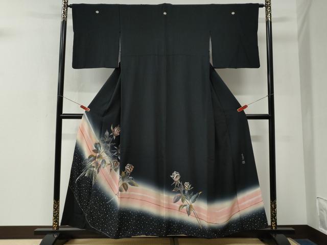 平和屋着物●染織作家 染織デザイナー 大島明 黒留袖 薔薇 金銀彩 正絹 逸品 CABM3711yc