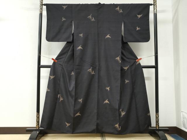 平和屋着物●上質な小紋 紬地 飛鶴文 黒地 正絹 逸品 CABM3719yc