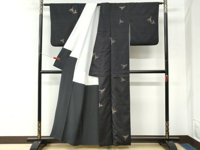 平和屋着物●上質な小紋 紬地 飛鶴文 黒地 正絹 逸品 CABM3719yc