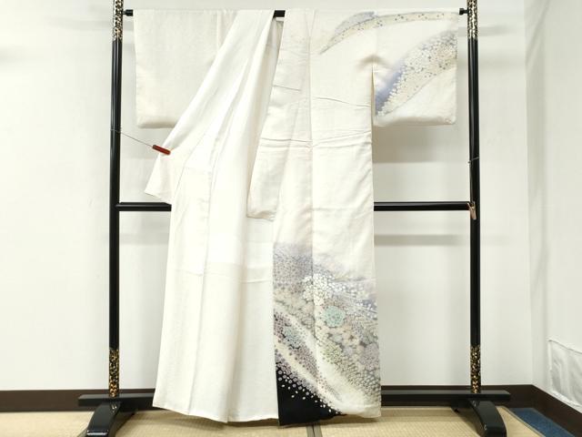 平和屋着物●中国三大刺繍 相良刺繍 訪問着 朧染め 重ね絞り 舞花文 暈し染め 銀通し地 正絹 逸品 CABM3753yc