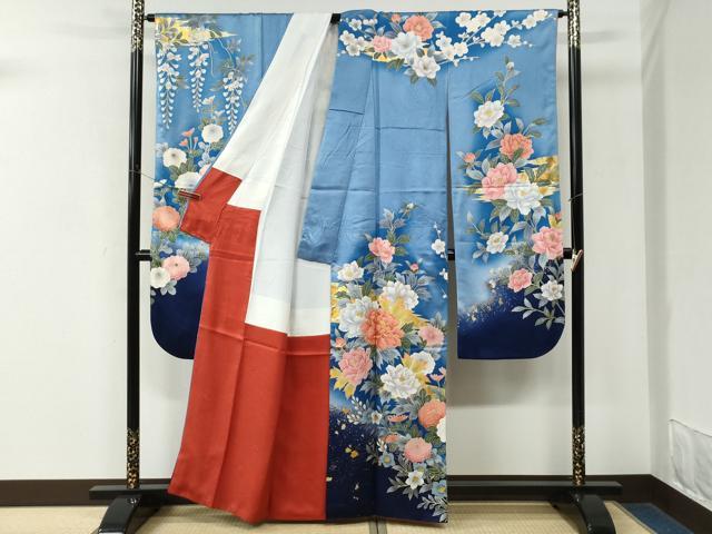 平和屋着物●豪華振袖 駒刺繍 牡丹花文 暈し染め 金彩 正絹 逸品 CABM3771yc