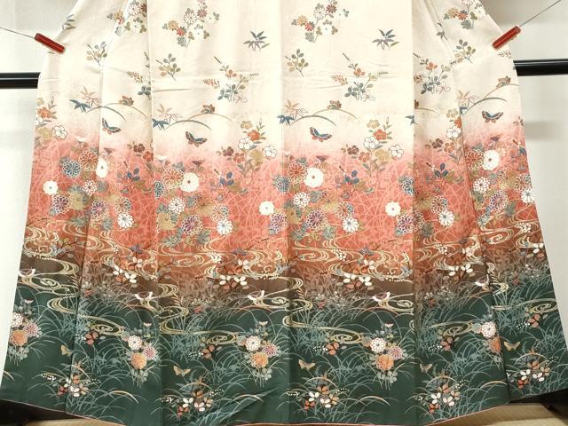 平和屋着物●訪問着 流水花蝶文 暈し染め 金彩 正絹 逸品 CABM3787yc