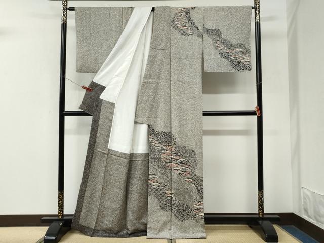 平和屋着物●訪問着 道長芝草吉祥花文 たたき染め 金彩 正絹 逸品 CABM3855yc