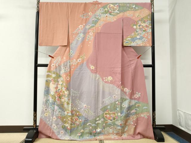 平和屋着物●訪問着 駒刺繍 絞り 流水吉祥草花文 金彩 ロング丈 正絹 逸品 CABM3879yc