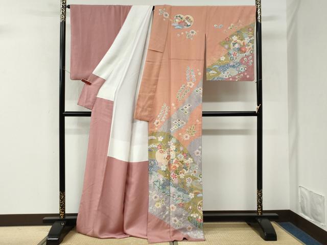 平和屋着物●訪問着 駒刺繍 絞り 流水吉祥草花文 金彩 ロング丈 正絹 逸品 CABM3879yc