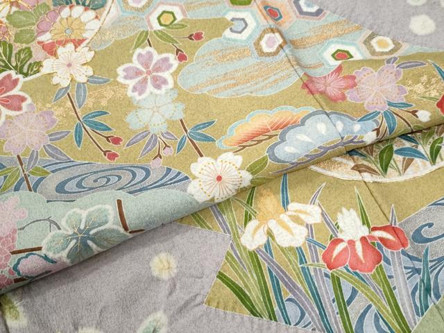 平和屋着物●訪問着 駒刺繍 絞り 流水吉祥草花文 金彩 ロング丈 正絹 逸品 CABM3879yc